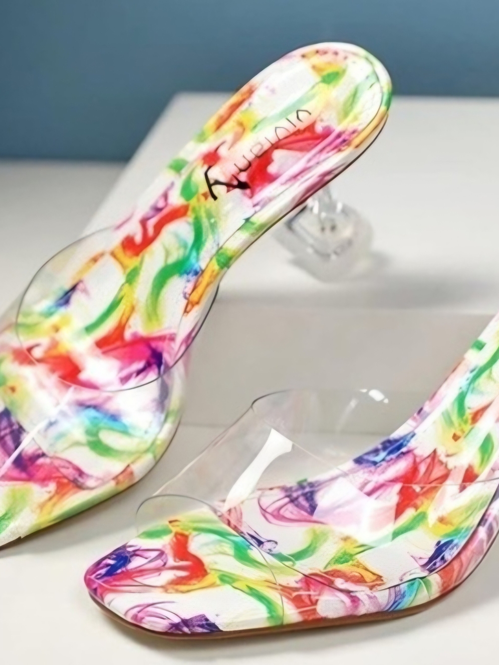 Vivianly Green Clear Lucite Heel Slide Sandals - Green - Picture 4 of 12